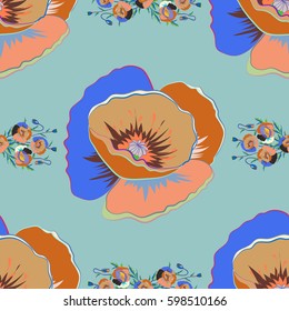 Vector illustration good for the interior design, printing, web and textile design. Seamless texture of floral ornament on a blue background. Optical illusion.