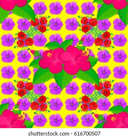 Vector illustration good for the interior design, printing, web and textile design. Seamless texture of floral ornament on a yellow background. Optical illusion with hibiscus flowers.