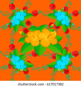 Vector illustration good for the interior design, printing, web and textile design. Seamless texture of floral ornament on a orange background. Optical illusion with hibiscus flowers.