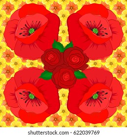 Vector illustration good for the interior design, printing, web and textile design. Seamless texture of floral ornament on a yellow background. Optical illusion with poppy flowers.