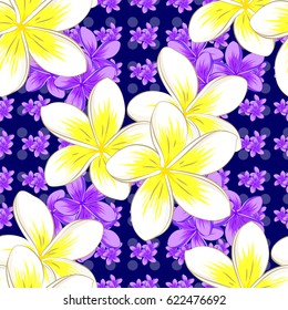 Vector illustration good for the interior design, printing, web and textile design. Seamless texture of floral ornament on a blue background. Optical illusion with plumeria flowers.