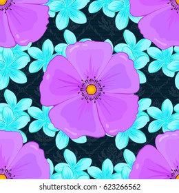 Vector illustration good for the interior design, printing, web and textile design. Seamless texture of floral ornament on a blue background. Optical illusion with cosmos flowers.