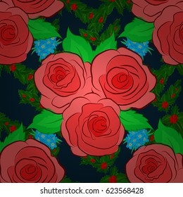 Vector illustration good for the interior design, printing, web and textile design. Seamless texture of floral ornament on a blue background. Optical illusion with rose flowers and green leaves.