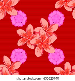 Vector illustration good for the interior design, printing, web and textile design. Seamless texture of floral ornament on a red background. Optical illusion with plumeria flowers.