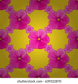 Vector illustration good for the interior design, printing, web and textile design. Seamless texture of floral ornament on a yellow background. Optical illusion with cosmos flowers.