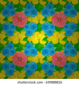 Vector illustration good for the interior design, printing, web and textile design. Seamless texture of floral ornament on a yellow background. Optical illusion with rose flowers and green leaves.