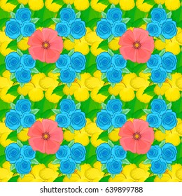 Vector illustration good for the interior design, printing, web and textile design. Seamless texture of floral ornament on a yellow background. Optical illusion with rose flowers and green leaves.