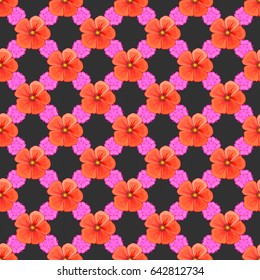 Vector illustration good for the interior design, printing, web and textile design. Seamless texture of floral ornament on a gray background. Optical illusion with cosmos flowers.