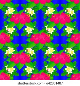 Vector illustration good for the interior design, printing, web and textile design. Seamless texture of floral ornament on a blue background. Optical illusion with hibiscus flowers.