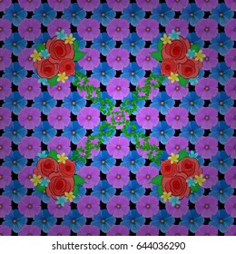 Vector illustration good for the interior design, printing, web and textile design. Seamless texture of floral ornament on a black background. Optical illusion with rose flowers and green leaves.