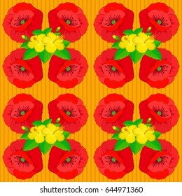 Vector illustration good for the interior design, printing, web and textile design. Seamless texture of floral ornament on a yellow background. Optical illusion with poppy flowers.