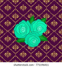Vector illustration good for the interior design, printing, web and textile design. Seamless texture of floral ornament in purple and blue colors. Optical illusion with rose flowers and green leaves.