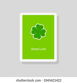 Vector illustration of Good Luck greeting card with stylized four leaf clover on green background. Minimalist style 