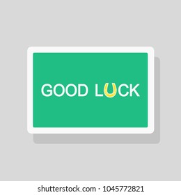 Vector illustration of Good Luck greeting card with stylized horseshoe talisman as letter U. Minimalist style 