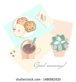Vector illustration of Good morning with coffee. vector design illustration object. Breakfast. Cookies, apple and coffee. Cactus and smartphone. Pastel colors