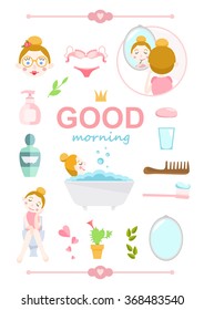 Vector illustration good morning girl set flat