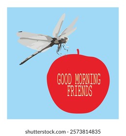 Vector illustration of a good morning greeting with a beautiful dragonfly and apple background
