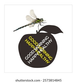 Vector illustration of a good morning greeting with a beautiful dragonfly and apple background