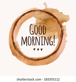 Vector illustration with "Good morning" phrase and pour coffee blot