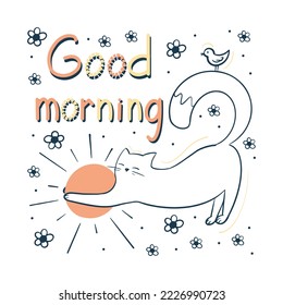 Vector illustration. Good morning set. A cat and the sun.