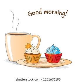 Vector illustration : Good morning snack with cupcakes and cup of tea