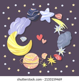 Vector illustration Good night. Composition with moon, clouds, stars, planets, postcard, handmade