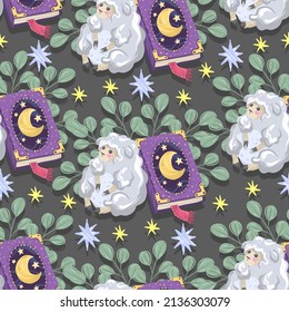 Vector illustration Good night. Composition with book, sheep, dark background, seamless pattern