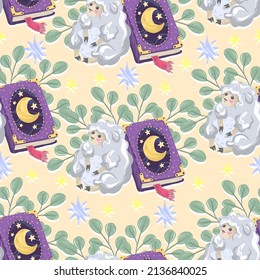 Vector illustration Good night. Composition with book, sheep, light  background, seamless pattern