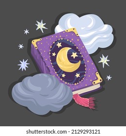 Vector illustration Good night, fairy tale book, clouds, stars, postcard, handmade