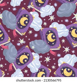 Vector illustration Good night, fairy tale book, clouds, stars, dark background, seamless pattern