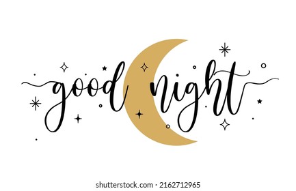 Vector illustration of Good Night handwritten modern brush lettering with moon and stars. Banner design, poster, print, flyer, calligraphy isolated on white background