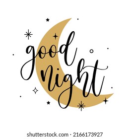 Vector illustration of Good Night handwritten modern brush lettering with moon and stars. Banner design, poster, print, flyer, calligraphy isolated on white background