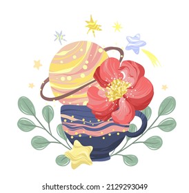 Vector illustration Good night, mug with peonies, planet and stars, postcard, handmade