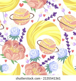 Vector illustration Good night. Seamless pattern with moon, planet, peonies, flowers, lavender, light  background