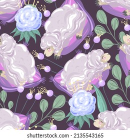 Vector illustration Good night, seamless pattern with sheep on pillow, flowers, dark background