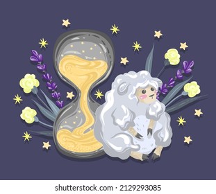 Vector illustration Good night, sheep, hourglass, stars, flowers, postcard, handmade