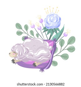 Vector illustration Good night, sheep on pillow, flowers, postcard, handmade