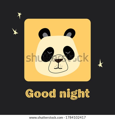 Vector illustration Good night sleepy panda face isolated in a yellow frame on a black background. Beautiful design for printing greeting card, poster, t-shirt, baby clothes, fabric