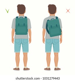 Vector Illustration Of Good And Wrong Spine  Posture, Correct And Incorrect Backpack Position On Child Back