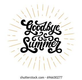 Vector illustration of Goodbye Summer text. Goodbye summer lettering vector. Calligraphy text isolated on background with rays. Typography for photo overlay/ t-shirt print/poster design/greeting card