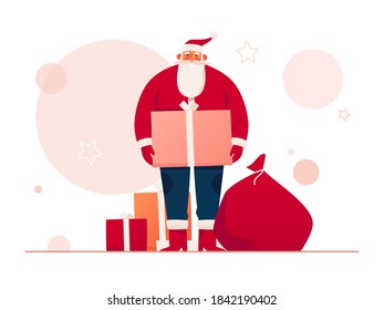 Vector illustration of a good-natured Santa Claus surrounded by gifts and presents. Merry Christmas and Happy New Year poster, card, background.