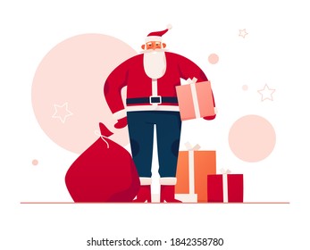 Vector illustration of a good-natured Santa Claus surrounded by gifts and presents. Merry Christmas and Happy New Year poster, card, background.