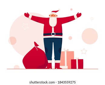 Vector illustration of a good-natured Santa Claus surrounded by gifts and presents. Merry Christmas and Happy New Year poster, card, background.