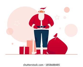 Vector illustration of a good-natured Santa Claus surrounded by gifts and presents. Merry Christmas and Happy New Year poster, card, background.