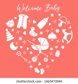 Vector illustration with goods for babies. Newborn baby background. Baby nipple, socks, diaper, bodysuit, duck, bib, baby food jar, pyramid, rattle, whirligig, pram, bottle, rocking horse.