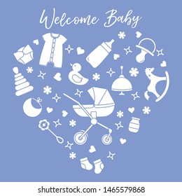 Vector illustration with goods for babies. Newborn baby background. Baby nipple, socks, diaper, bodysuit, duck, bib, baby food jar, pyramid, rattle, whirligig, pram, bottle, rocking horse.