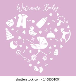 Vector illustration with goods for babies. Newborn baby background. Baby nipple, socks, diaper, bodysuit, duck, bib, baby food jar, pyramid, rattle, whirligig, pram, bottle, rocking horse.