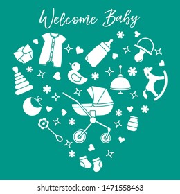 Vector illustration with goods for babies. Newborn baby background. Baby nipple, socks, diaper, bodysuit, duck, bib, baby food jar, pyramid, rattle, whirligig, pram, bottle, rocking horse.