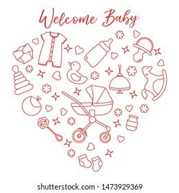 Vector illustration with goods for babies. Newborn baby background. Baby nipple, socks, diaper, bodysuit, duck, bib, baby food jar, pyramid, rattle, whirligig, pram, bottle, rocking horse.