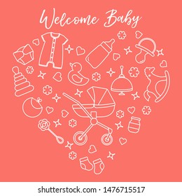 Vector illustration with goods for babies. Newborn baby background. Baby nipple, socks, diaper, bodysuit, duck, bib, baby food jar, pyramid, rattle, whirligig, pram, bottle, rocking horse.